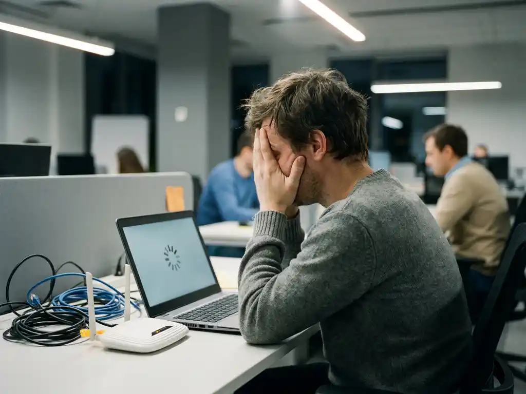 Gefrustreerde kantoormedewerker voor laptop met laadscherm, consumentenrouter met oranje waarschuwingslamp en verward ethernetkabel op bureau.