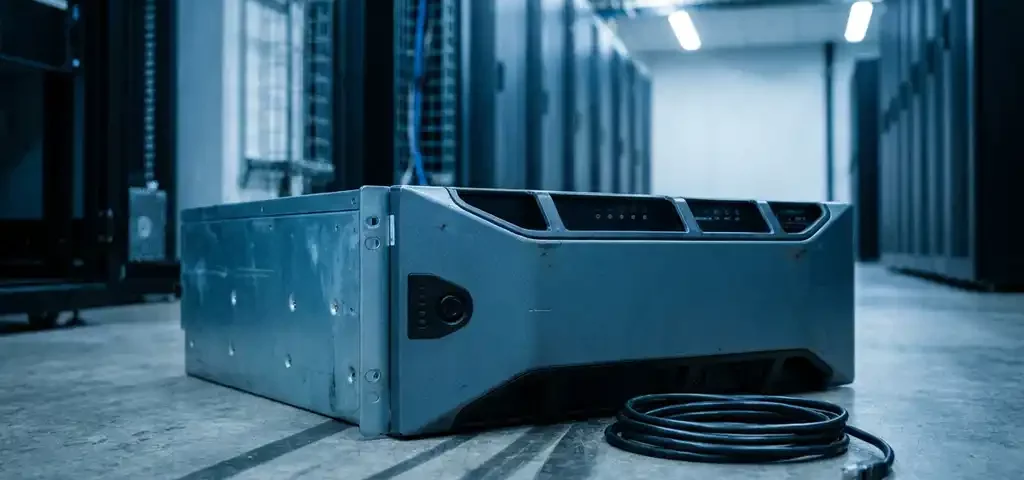 Uitgeschakelde enterprise-router op serverruimtevloer met donkere indicatorlampjes en loshangende ethernetkabel ernaast.