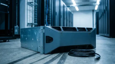 Uitgeschakelde enterprise-router op serverruimtevloer met donkere indicatorlampjes en loshangende ethernetkabel ernaast.