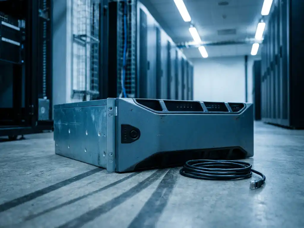 Uitgeschakelde enterprise-router op serverruimtevloer met donkere indicatorlampjes en loshangende ethernetkabel ernaast.