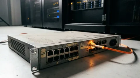 Verouderde grijze netwerkswitch met stof en versleten poortlabels op serverroomvloer, oranje gloeiende glasvezelkabel aangesloten.