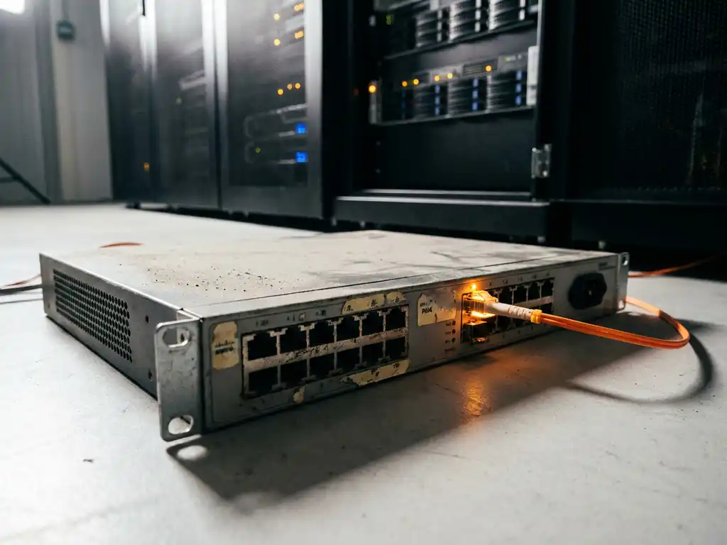 Verouderde grijze netwerkswitch met stof en versleten poortlabels op serverroomvloer, oranje gloeiende glasvezelkabel aangesloten.