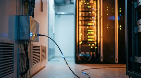 Glasvezelkabel verbindt een industrieel edge-apparaat met een verlicht serverrek in een moderne datacentergang.