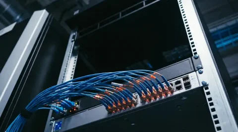 Glasvezelkabels aangesloten op een professionele netwerkswitch in een serverrack, verlicht door blauw datatransmissielicht.