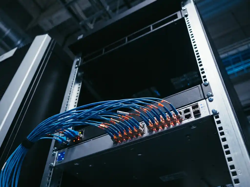 Glasvezelkabels aangesloten op een professionele netwerkswitch in een serverrack, verlicht door blauw datatransmissielicht.