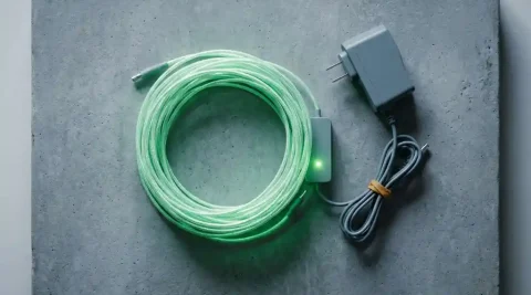 Bundel glasvezelkabels opgerold op betonnen ondergrond, met groen LED-lampje en losgekoppelde stroomadapter die energiebesparing symboliseert.