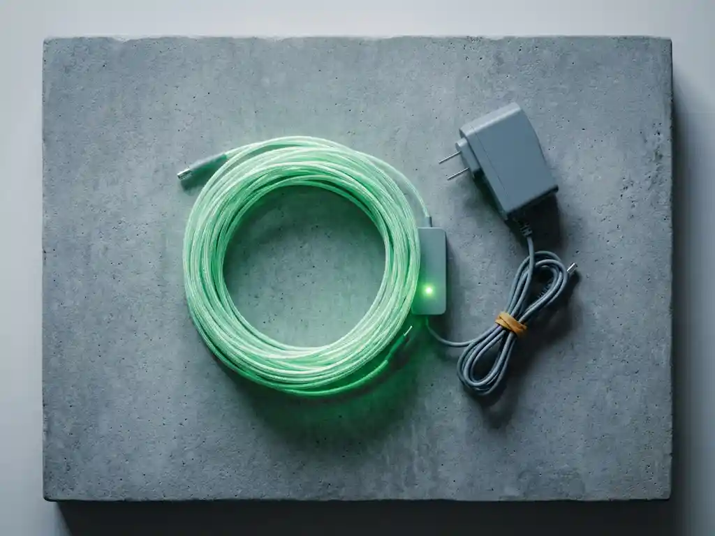 Bundel glasvezelkabels opgerold op betonnen ondergrond, met groen LED-lampje en losgekoppelde stroomadapter die energiebesparing symboliseert.
