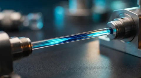 Glasvezelkabel met gloeiende cyaanblauwe lichtpulsen tussen metalen connectoren op donker laboratoriumoppervlak.