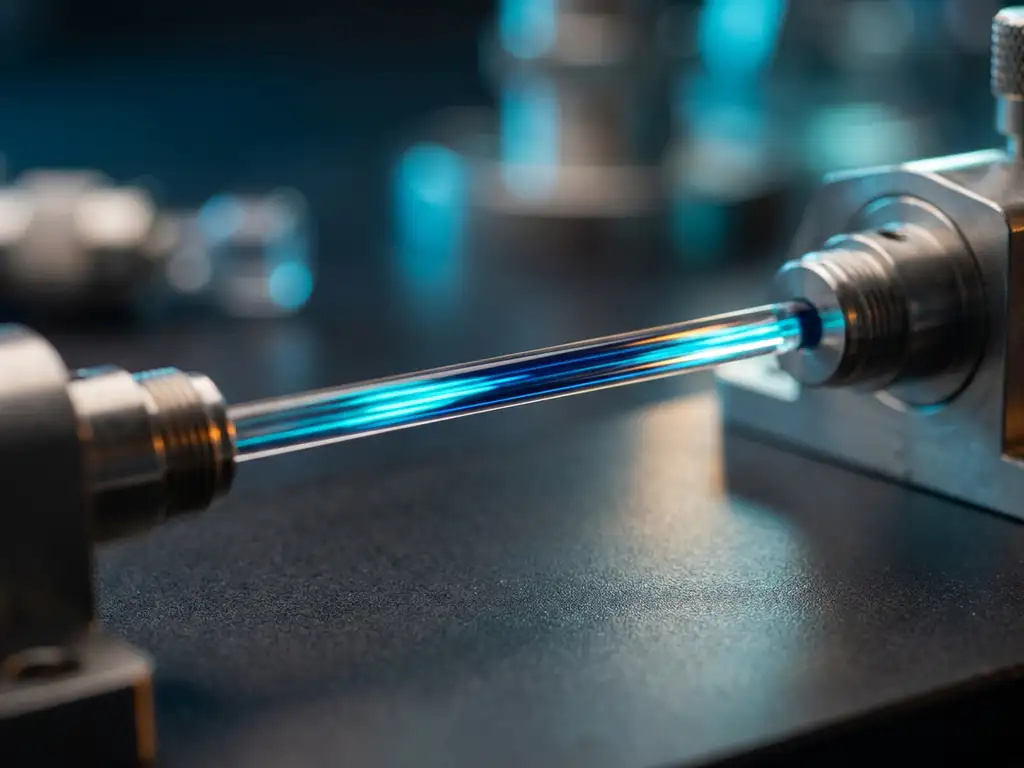 Glasvezelkabel met gloeiende cyaanblauwe lichtpulsen tussen metalen connectoren op donker laboratoriumoppervlak.