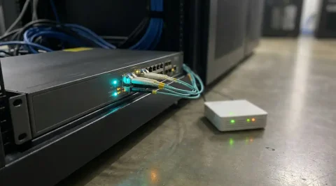 Glasvezelkabel aangesloten op rack-mounted OLT-apparaat in serverruimte, met witte ONT-unit op betonnen vloer en gloeiende teal en amber LED-indicatoren.
