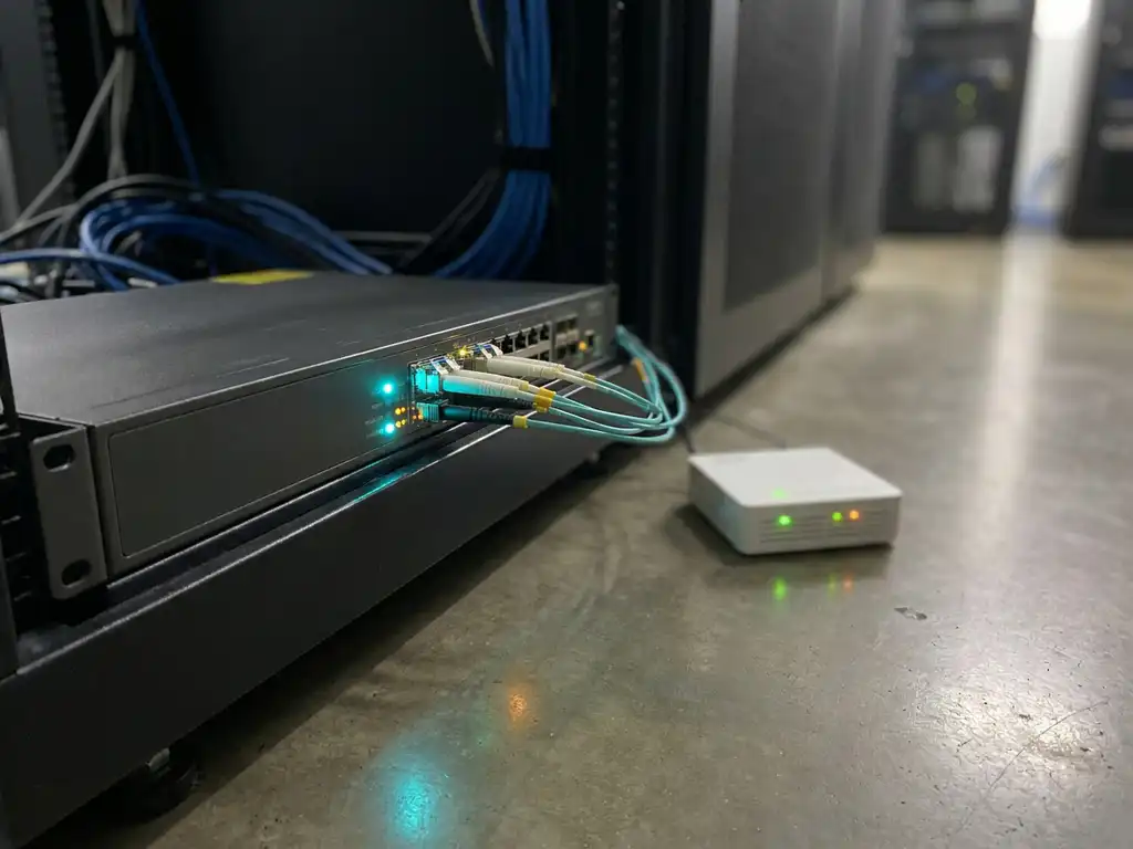 Glasvezelkabel aangesloten op rack-mounted OLT-apparaat in serverruimte, met witte ONT-unit op betonnen vloer en gloeiende teal en amber LED-indicatoren.