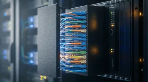 Vezeloptisch patchpanel met gekleurde LC-connectoren in dichte poortijen, naast een WDM-multiplexermodule in zwarte rack-behuizing, blauw en amber licht weerkaatst door glasvezeldraden.