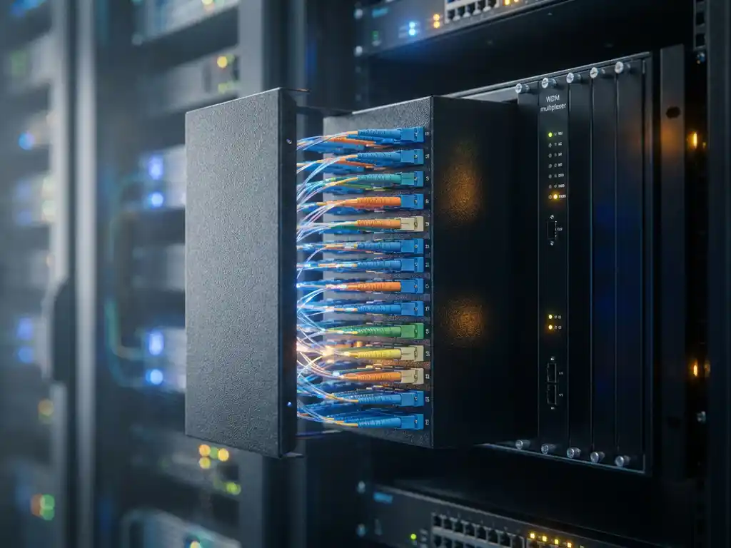 Vezeloptisch patchpanel met gekleurde LC-connectoren in dichte poortijen, naast een WDM-multiplexermodule in zwarte rack-behuizing, blauw en amber licht weerkaatst door glasvezeldraden.