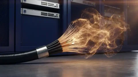 Glasvezelkabelbundel die overgaat in een lichtgevende wolk, met netwerkswitch en patchpanelen op de achtergrond in serverruimte.