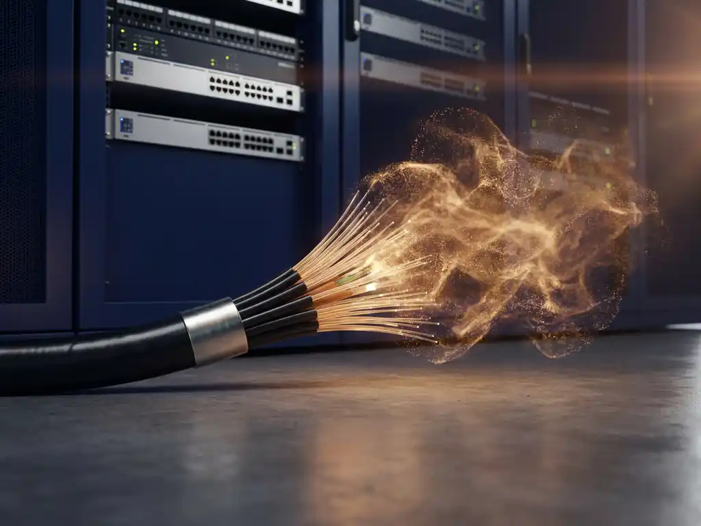 Glasvezelkabelbundel die overgaat in een lichtgevende wolk, met netwerkswitch en patchpanelen op de achtergrond in serverruimte.