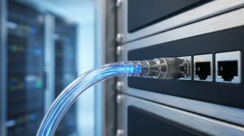 Glasvezelkabel aangesloten op een rack-mounted patchpanel met gloeiende lichtstralen in een blauwe serverruimte.