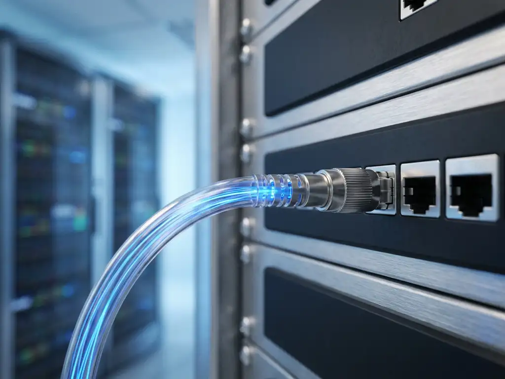 Glasvezelkabel aangesloten op een rack-mounted patchpanel met gloeiende lichtstralen in een blauwe serverruimte.