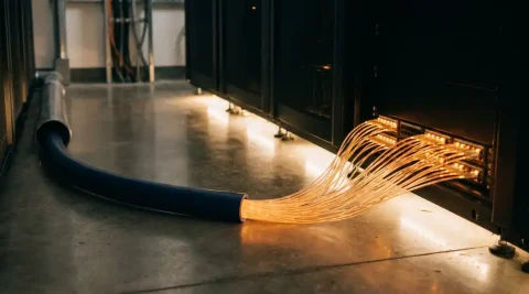 Glasvezelkabel die zich vertakt in tientallen gloeiende strengen op de vloer van een serverruimte, uitlopend naar wandpoorten in marineblauw en amber.