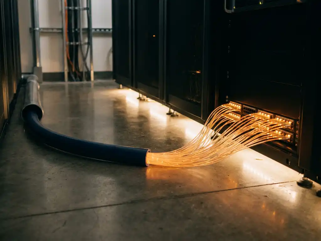 Glasvezelkabel die zich vertakt in tientallen gloeiende strengen op de vloer van een serverruimte, uitlopend naar wandpoorten in marineblauw en amber.