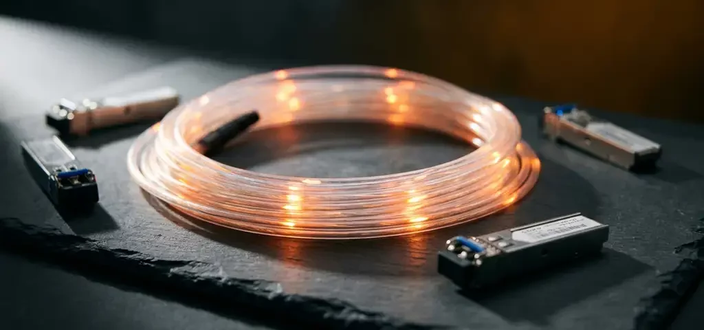 Glasvezelkabel met oranje lichtpulsen op leisteen oppervlak, omringd door SFP-transceivers, macro-opname met dramatische belichting.