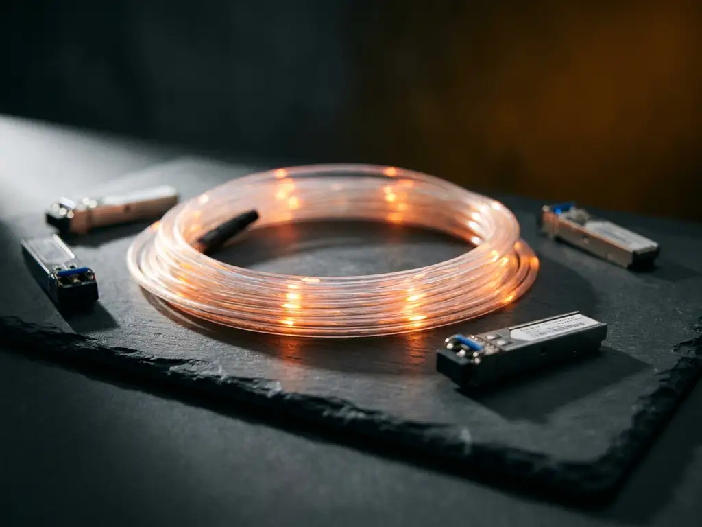 Glasvezelkabel met oranje lichtpulsen op leisteen oppervlak, omringd door SFP-transceivers, macro-opname met dramatische belichting.