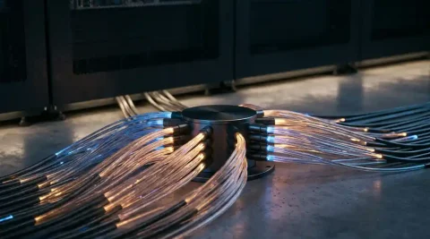 Bundel glasvezelkabels die uitwaaieren vanuit een centraal knooppunt, met amber en blauw gloeiend licht in een serverruimte.