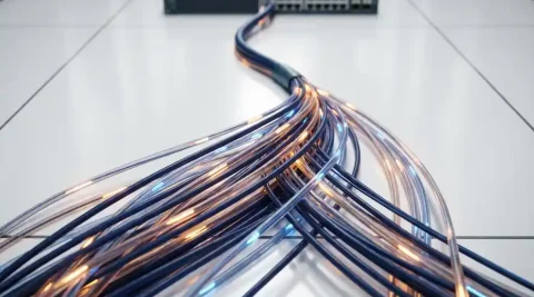 Glasvezelkabels met amber en blauw licht verbonden aan een enterprise netwerkswitch op een witte serverroomvloer.