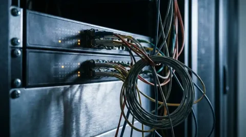 Vezeloptische kabels vertakken zich vanuit een netwerkswitch, deels aangesloten en deels loshangende verbindingen op een donker serverrek.