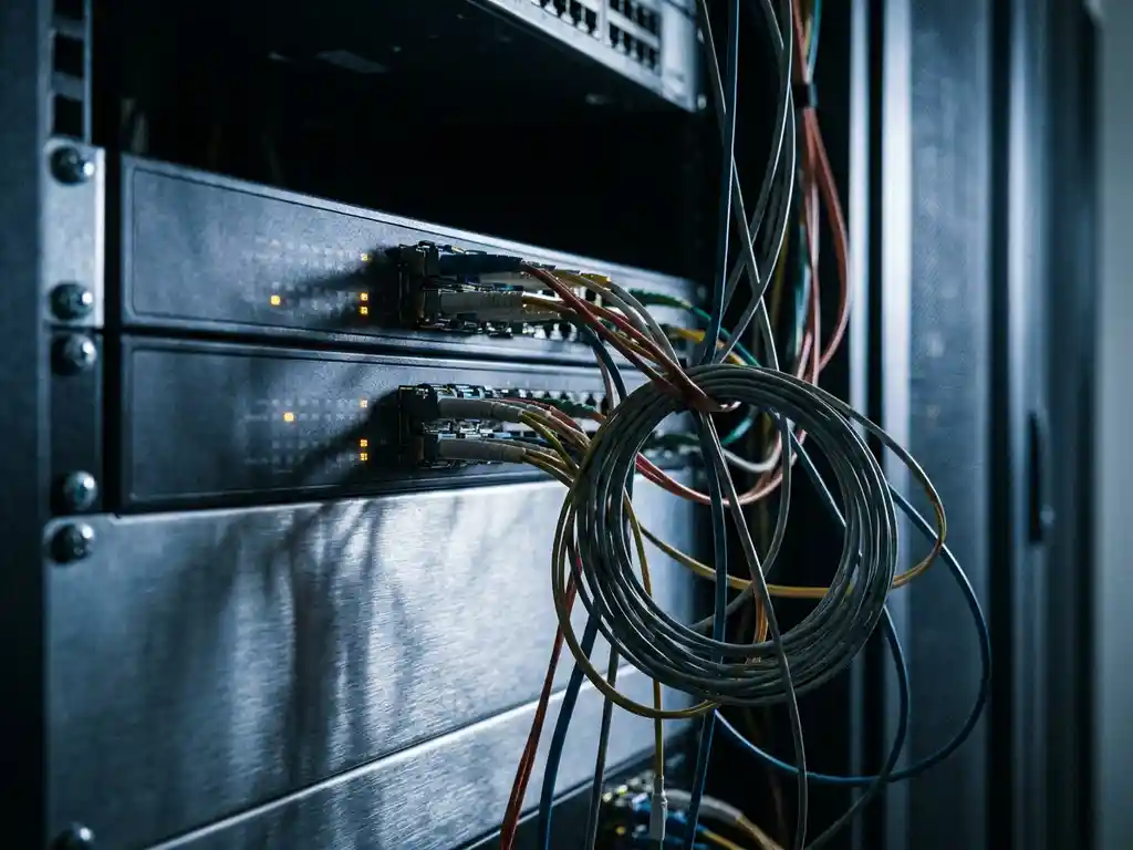 Vezeloptische kabels vertakken zich vanuit een netwerkswitch, deels aangesloten en deels loshangende verbindingen op een donker serverrek.