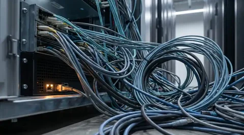 Wirwar van premium glasvezelkabels op een serverrack met één leeg verlicht ethernetpoort, staal-blauwe en antraciet tinten.
