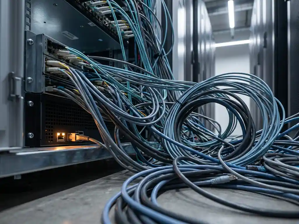 Wirwar van premium glasvezelkabels op een serverrack met één leeg verlicht ethernetpoort, staal-blauwe en antraciet tinten.