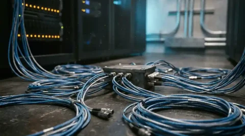 Vezeloptische kabels vertakken zich vanuit een centraal punt in een donkere serverruimte, verlicht door blauw-zilveren tinten en zwak oranje waarschuwingslicht.