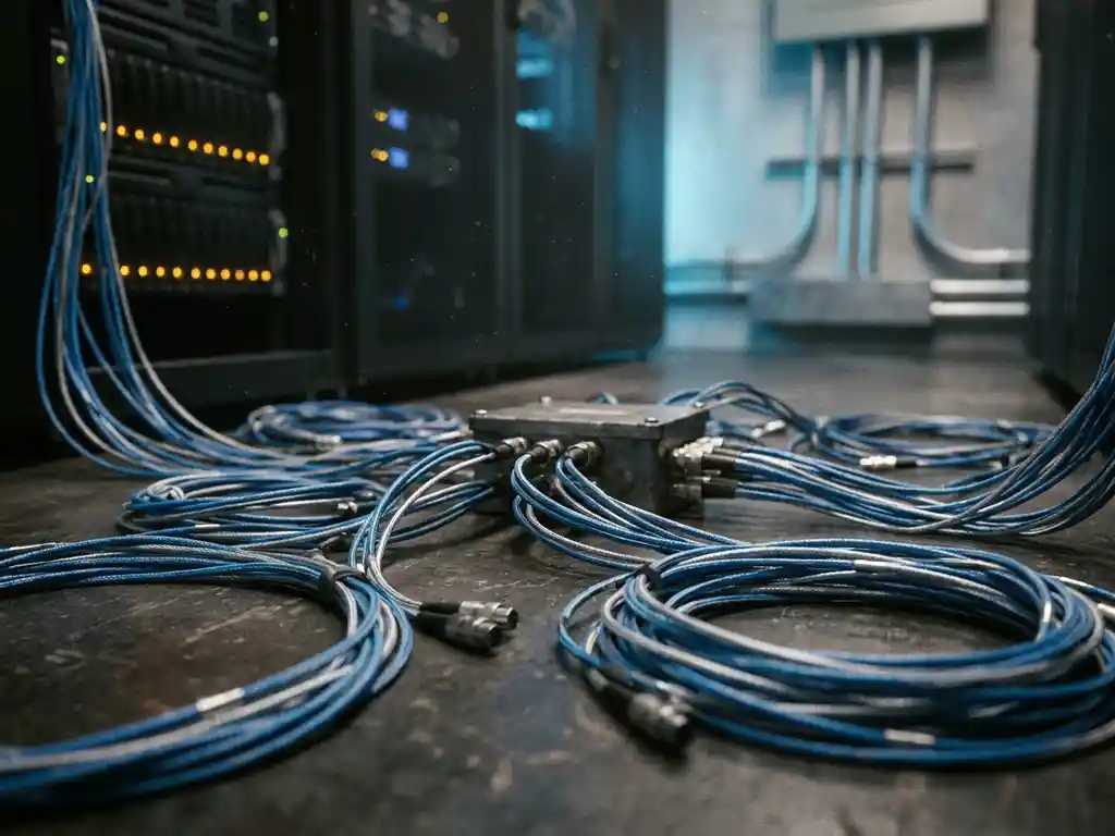 Vezeloptische kabels vertakken zich vanuit een centraal punt in een donkere serverruimte, verlicht door blauw-zilveren tinten en zwak oranje waarschuwingslicht.