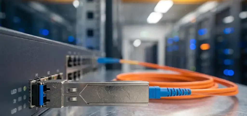 SFP fiber optic transceiver module in een netwerkswitch met oranje glasvezelkabel in een serverruimte, macro close-up.