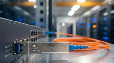 SFP fiber optic transceiver module in een netwerkswitch met oranje glasvezelkabel in een serverruimte, macro close-up.