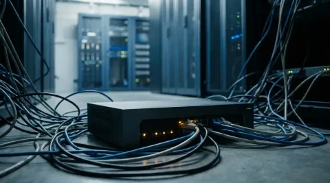 Zakelijke Wi-Fi router met tientallen verstrengelde ethernetkabels op een grijze serverruimtevloer, met oranje waarschuwingslampjes.