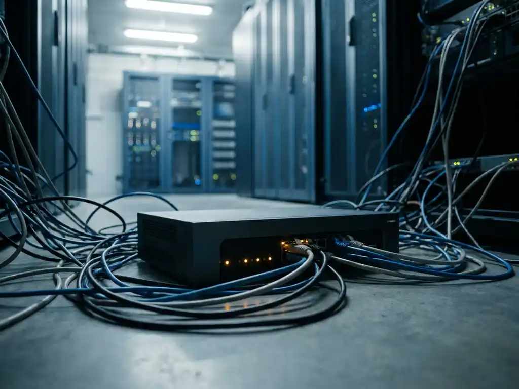 Zakelijke Wi-Fi router met tientallen verstrengelde ethernetkabels op een grijze serverruimtevloer, met oranje waarschuwingslampjes.
