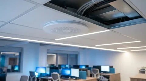 WiFi 6 access point aan kantoorplafond gemonteerd, met gestructureerde kabelgoot boven een moderne open werkruimte.