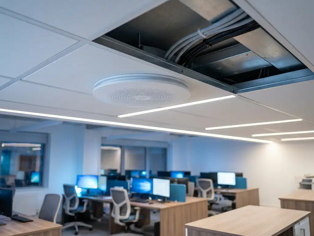 WiFi 6 access point aan kantoorplafond gemonteerd, met gestructureerde kabelgoot boven een moderne open werkruimte.