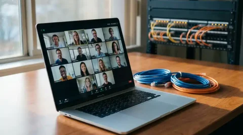 Laptop met videovergadering op zakelijk bureau, ethernet kabels en fiber patchpaneel op de achtergrond, zijdelings natuurlijk licht.