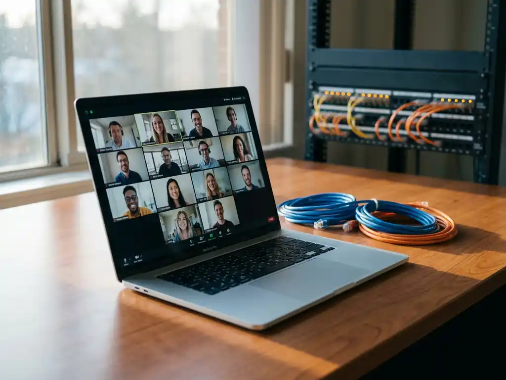 Laptop met videovergadering op zakelijk bureau, ethernet kabels en fiber patchpaneel op de achtergrond, zijdelings natuurlijk licht.