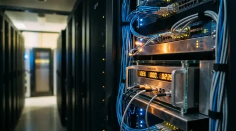 Precisie-atoomklok in serverrack omgeven door glasvezelkabels en knipperende netwerkhardware in donker datacenter.