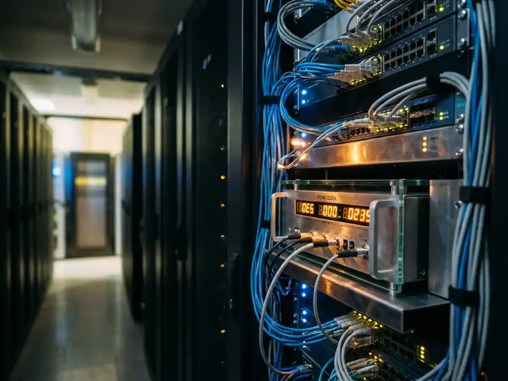 Precisie-atoomklok in serverrack omgeven door glasvezelkabels en knipperende netwerkhardware in donker datacenter.
