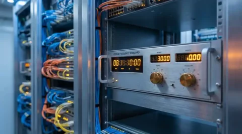 Precisie-atoomklok gemonteerd in een serverrack, omgeven door glasvezelkabels en patchpanelen in een datacenter.