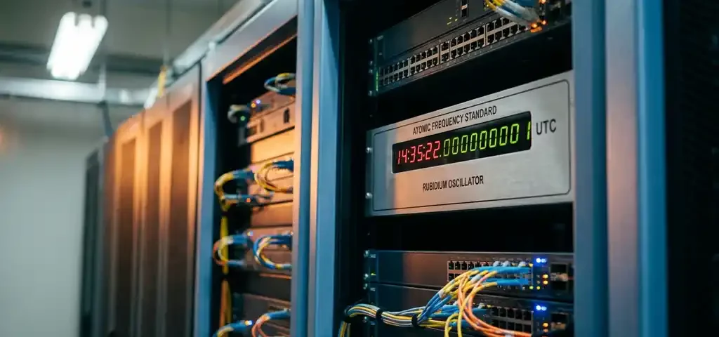 Precisie-atoomklok in serverrack omgeven door netwerkswitch es en glasvezelkabels in professioneel datacenter.