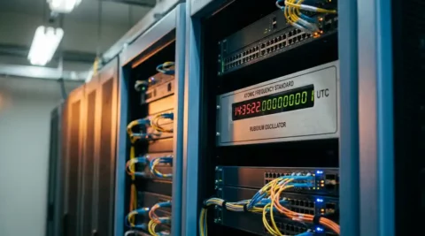 Precisie-atoomklok in serverrack omgeven door netwerkswitch es en glasvezelkabels in professioneel datacenter.