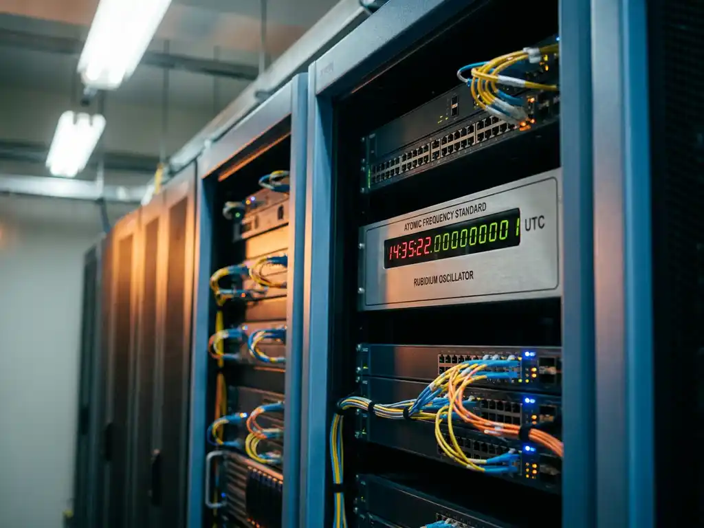 Precisie-atoomklok in serverrack omgeven door netwerkswitch es en glasvezelkabels in professioneel datacenter.