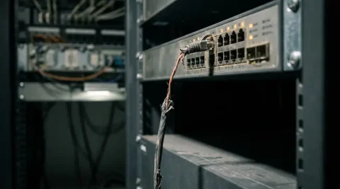 Versleten ethernetkabel hangend aan één koperen draad, aangesloten op een rack-mounted netwerkswitch in een donkere serverruimte.