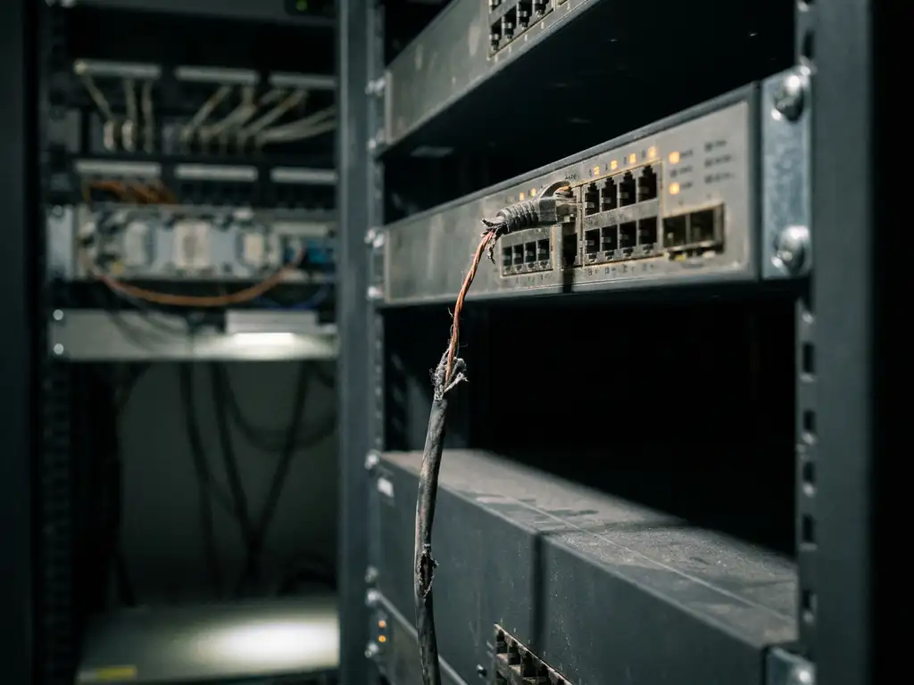 Versleten ethernetkabel hangend aan één koperen draad, aangesloten op een rack-mounted netwerkswitch in een donkere serverruimte.
