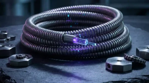 Gepantserde glasvezelkabel met gloeiende violet-cyaan lichtpulsen, omringd door stalen vergrendelingsmechanismen op donkere leisteen.